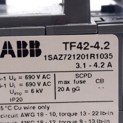 Used ABB TF42-4.2 Thermal Overload Relay For AF09...AF38 Contactors, 3-Pole, 3.1-4.2A