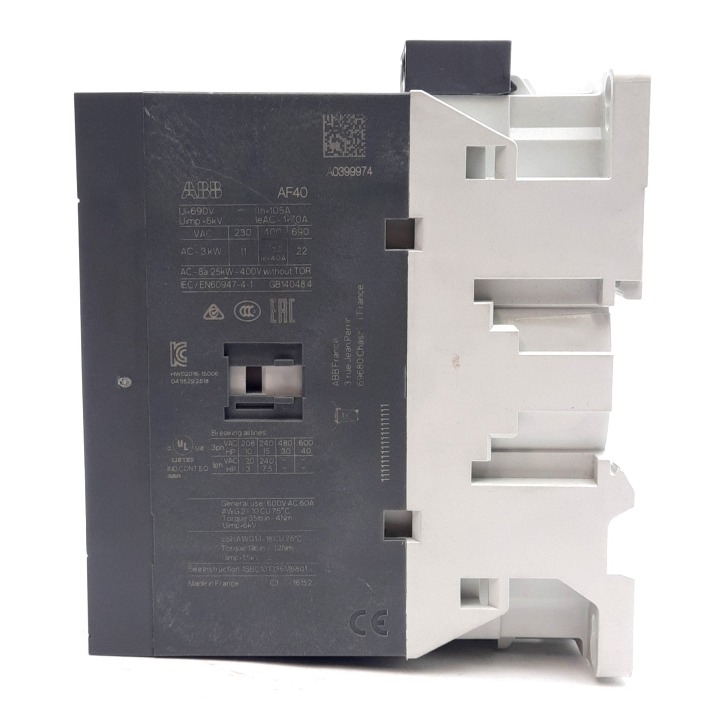 Used ABB AF40-30-00-11 Contactor, 3-Pole, 600VAC 60A, 40HP, 24-60VAC/20-60VDC Control