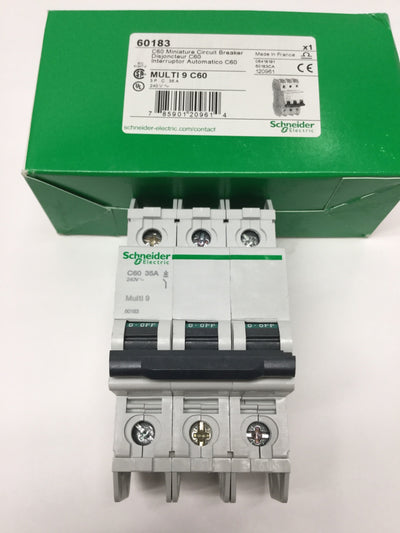 New – Open box Schneider 60183 MULTI 9 C60 Circuit Breaker, 3-Pole, 35A C-Curve, 240VAC
