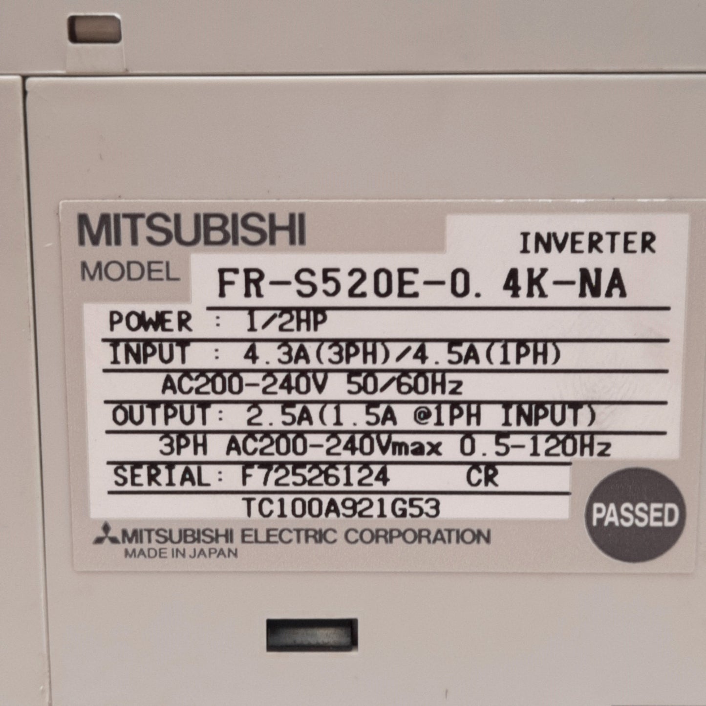 Used Mitsubishi FR-S520E-0.4K-NA Inverter 1Ø/3Ø 200-240VAC IN 3Ø 200-240VAC Out 1/2HP