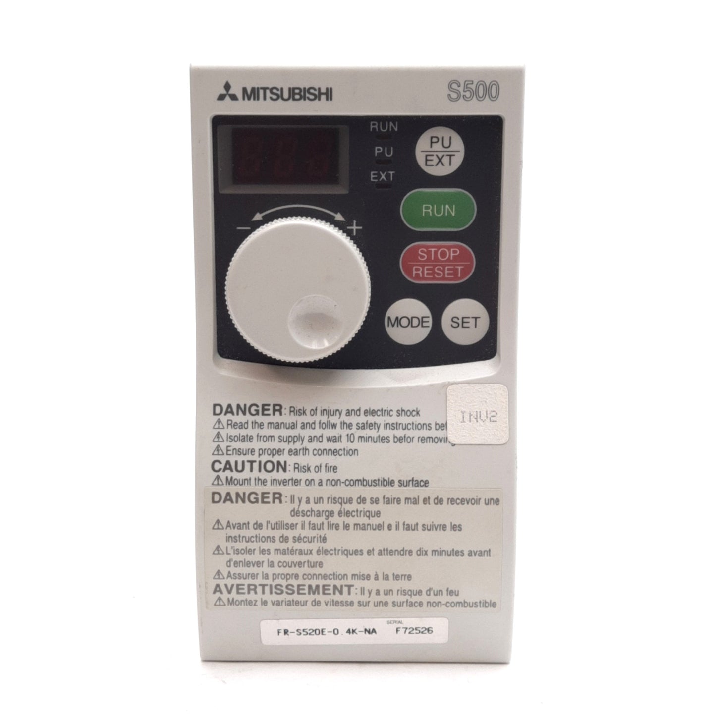 Used Mitsubishi FR-S520E-0.4K-NA Inverter 1Ø/3Ø 200-240VAC IN 3Ø 200-240VAC Out 1/2HP