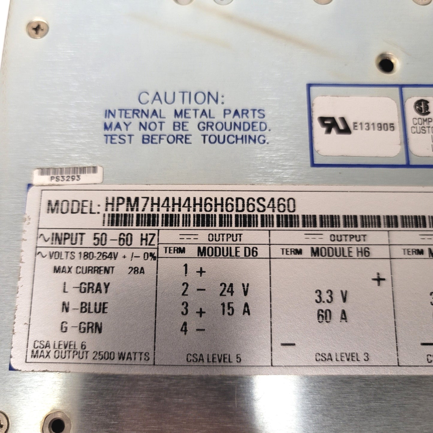 Used Power One HPM7H4H4H6H6D6S460 Modular Power Supply 2500W, 3.3VDC 250A, 24VDC 15A