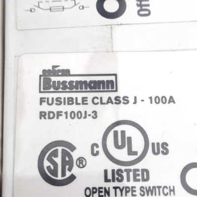 Used Bussmann RDF100J-3 Fused Disconnect Switch, Class J, 3-Pole 600VAC 100A