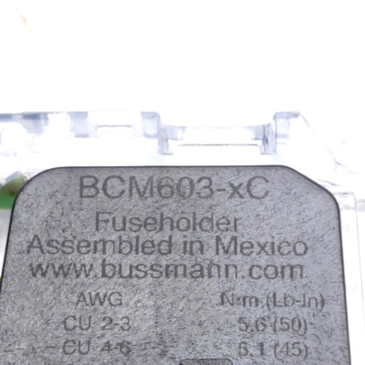 Used Bussmann BCM603-xC Class CC Stackable Fuse Block, LED, 600VAC 30A, DIN Rail