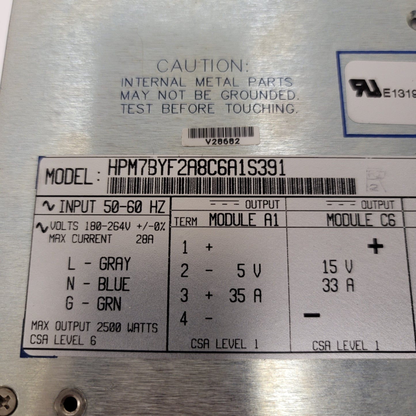 Used Power One HPM7BYF2A8C6A1S391 Modular Power Supply 2500W, 2VDC, 5VDC, 6VDC, 15VDC