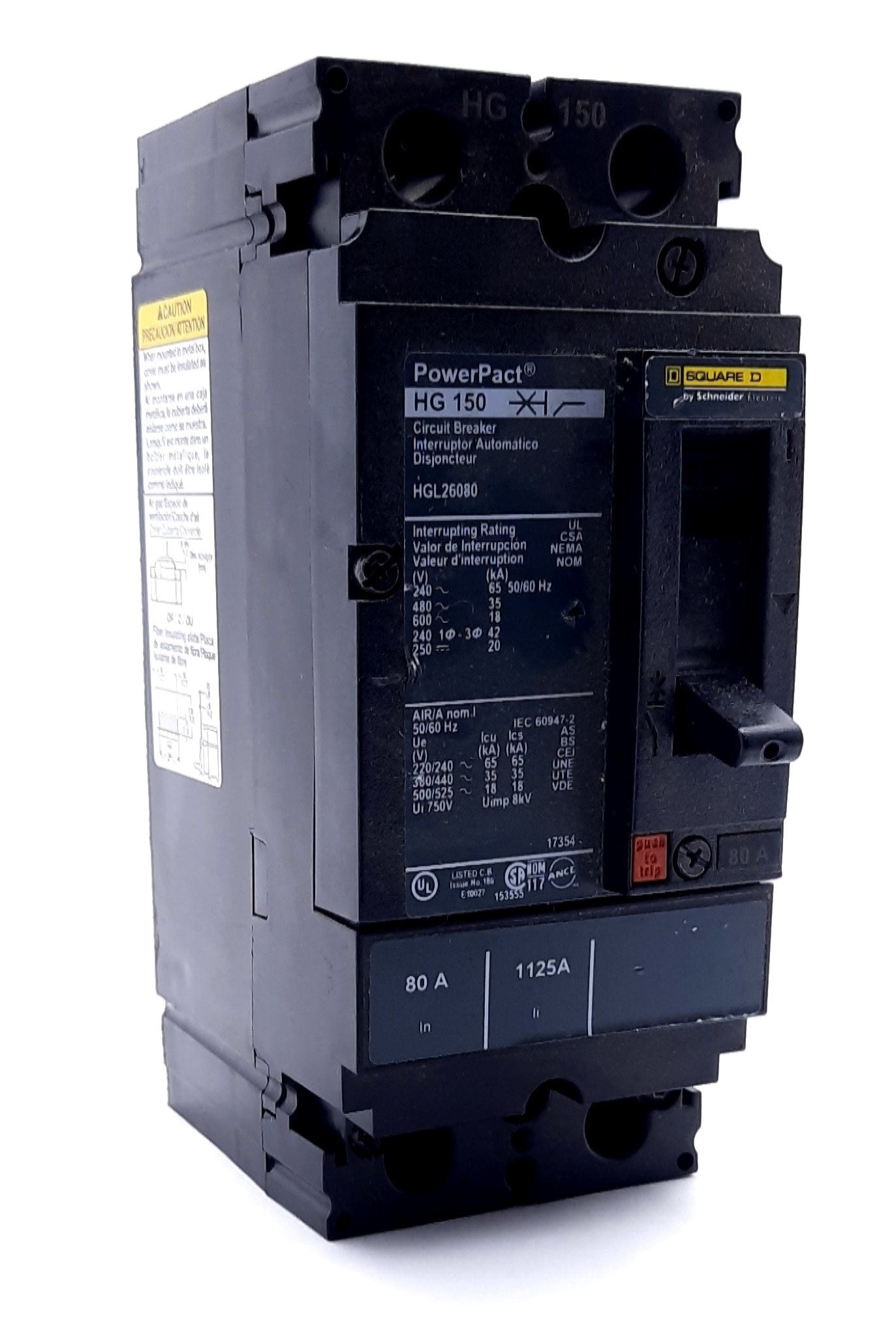 Used Square D HGL26080 Circuit Breaker PowerPact HG 150 2 Pole 600VAC 500VDC 80A