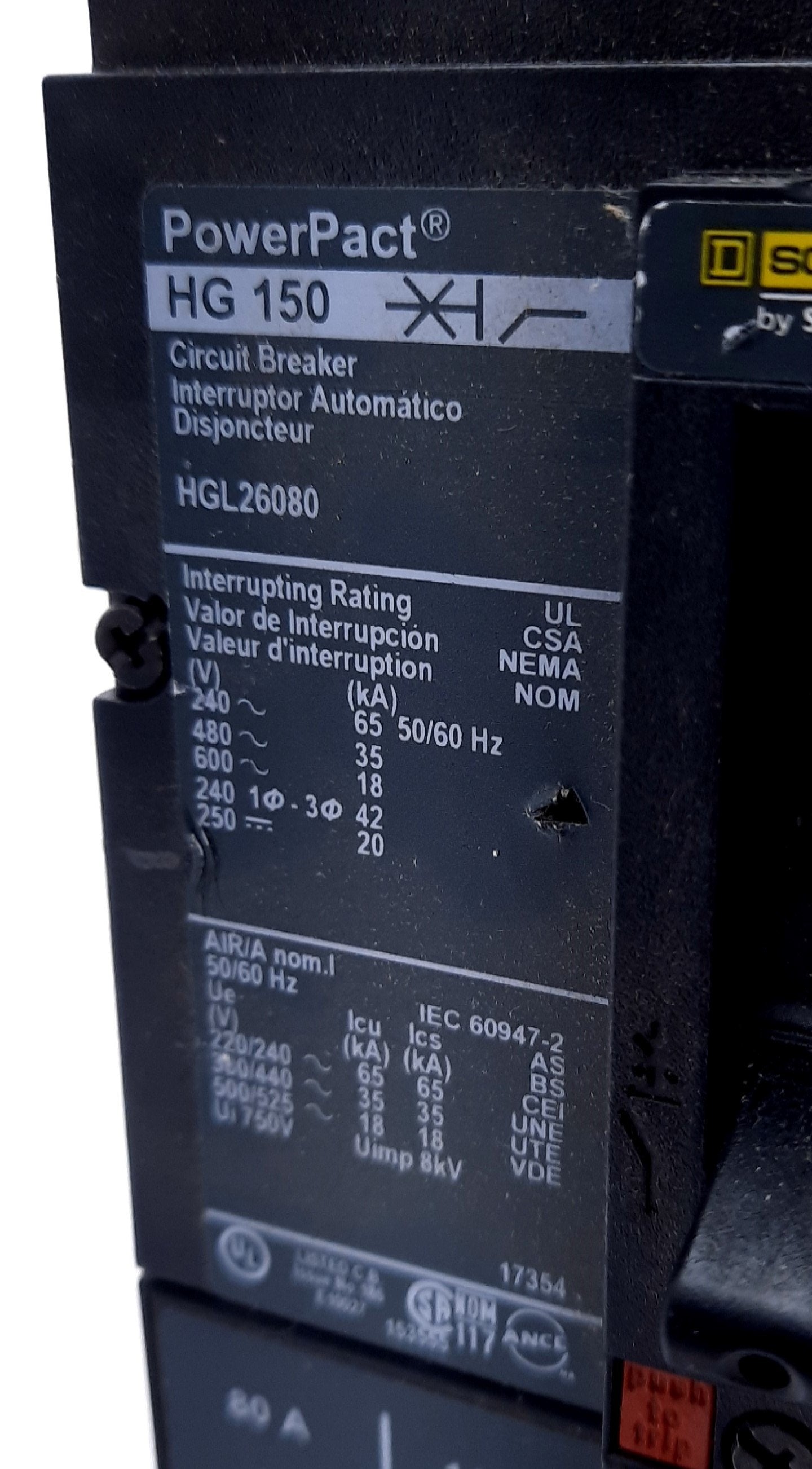 Used Square D HGL26080 Circuit Breaker PowerPact HG 150 2 Pole 600VAC 500VDC 80A
