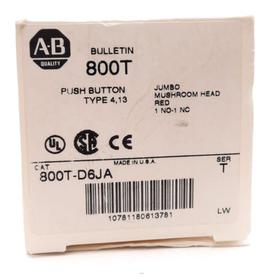 New Allen Bradley 800T-D6JA Momentary Pushbutton, Red, ø30.5mm, 1NO+1NC, 600V 10A