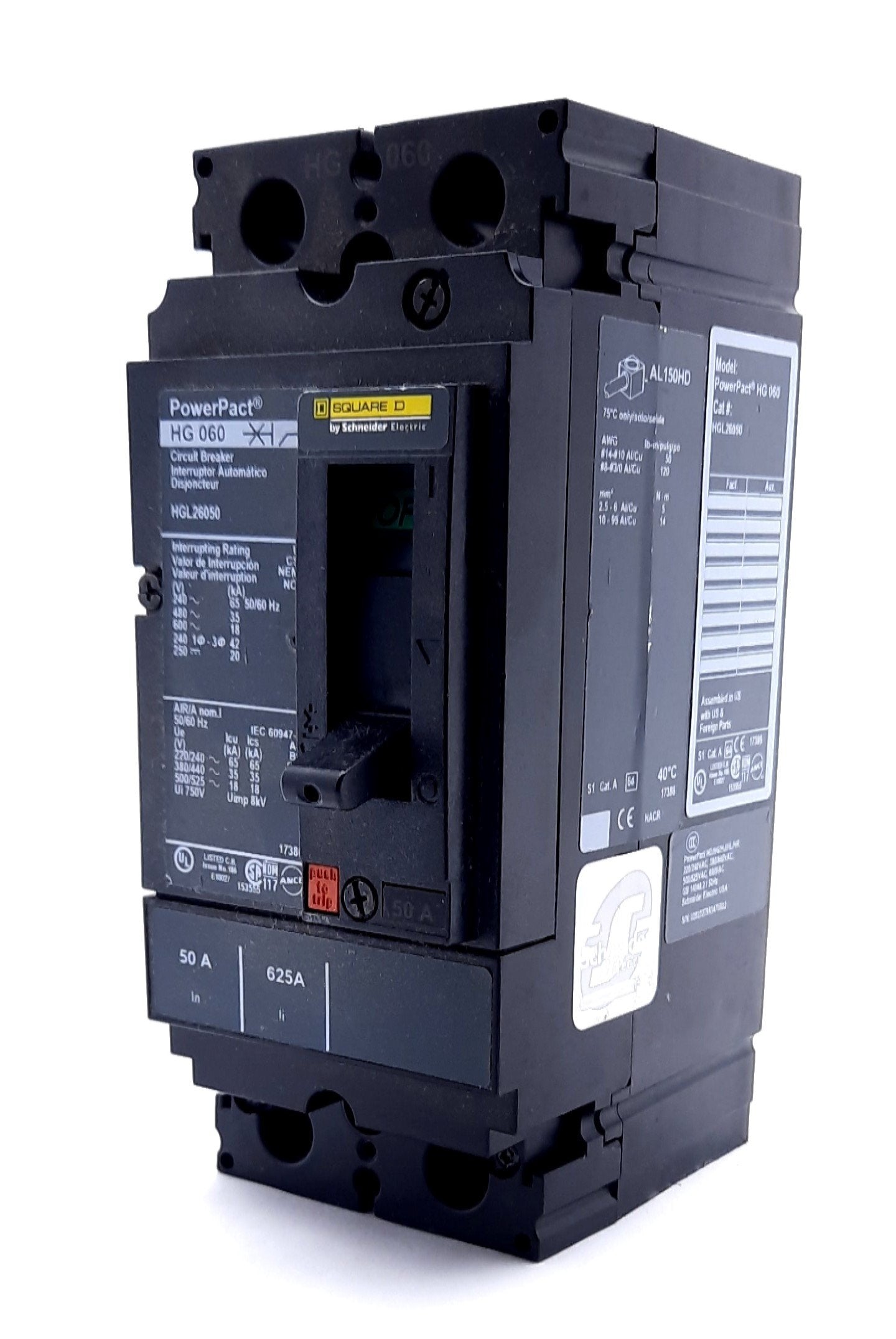 Used Square D HGL26050 Circuit Breaker PowerPacT HG 060 600VAC 50A 2 Pole