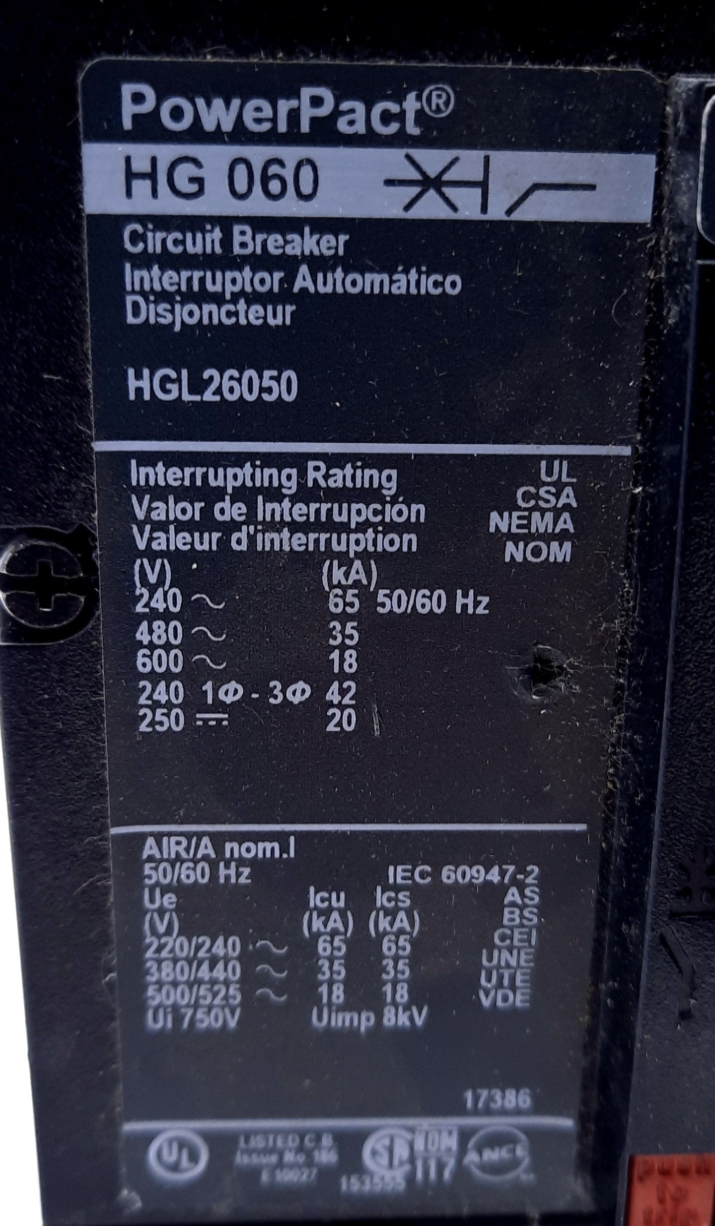 Used Square D HGL26050 Circuit Breaker PowerPacT HG 060 600VAC 50A 2 Pole