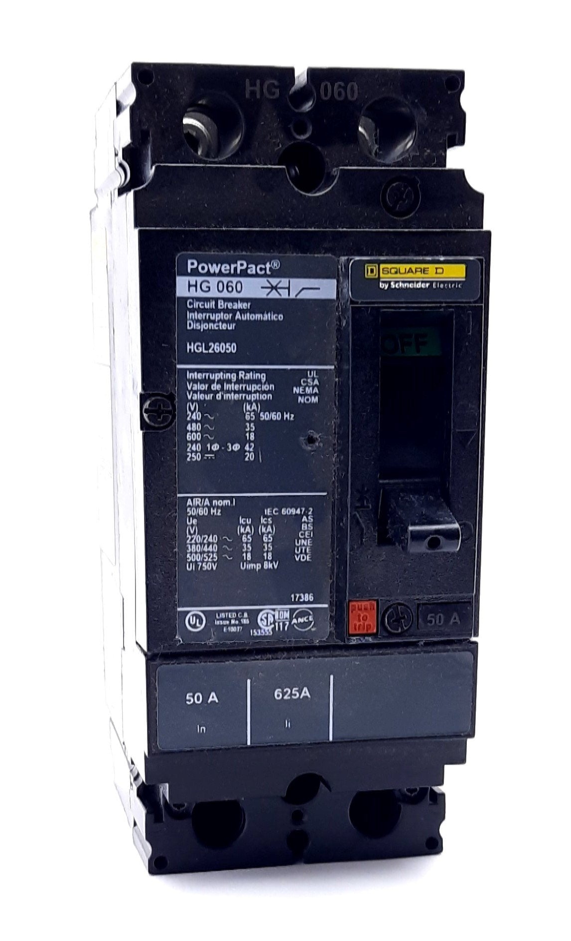 Used Square D HGL26050 Circuit Breaker PowerPacT HG 060 600VAC 50A 2 Pole