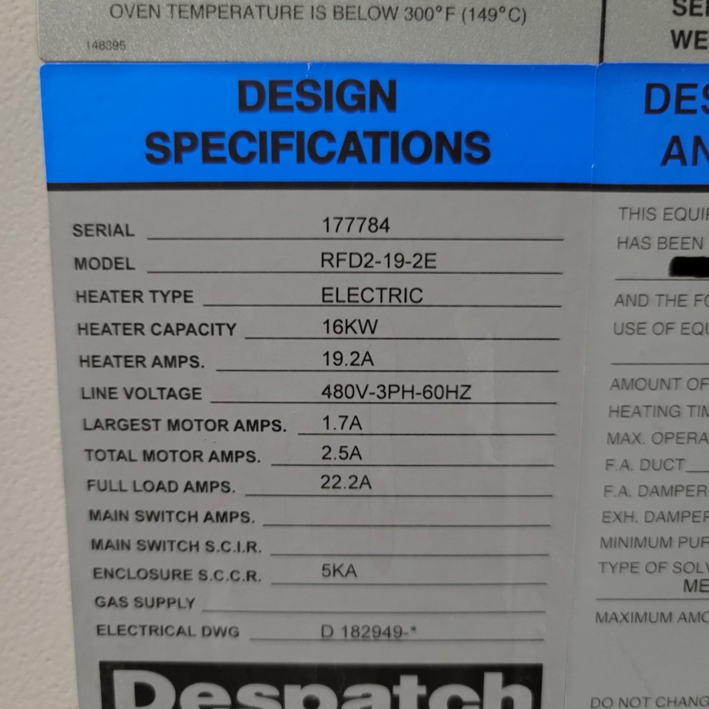 Used Despatch RFD2-19-2E Horizontal Airflow Cabinet Oven 19.5CUFT 86-650°F 480VAC 3PH