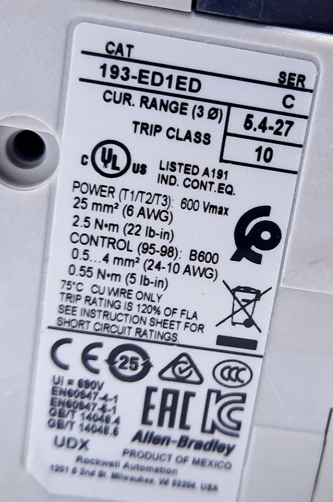 Used Allen Bradley 193-ED1ED Overload Relay Fixed Class 10 3 Phase 5.4-27A