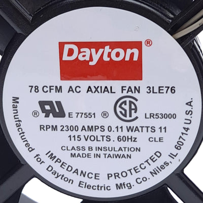 Used Dayton 3LE76 AC Axial Fan, 78 CFM, 2300 RPM, 115VAC, 4-11/16in x 4-11/16in