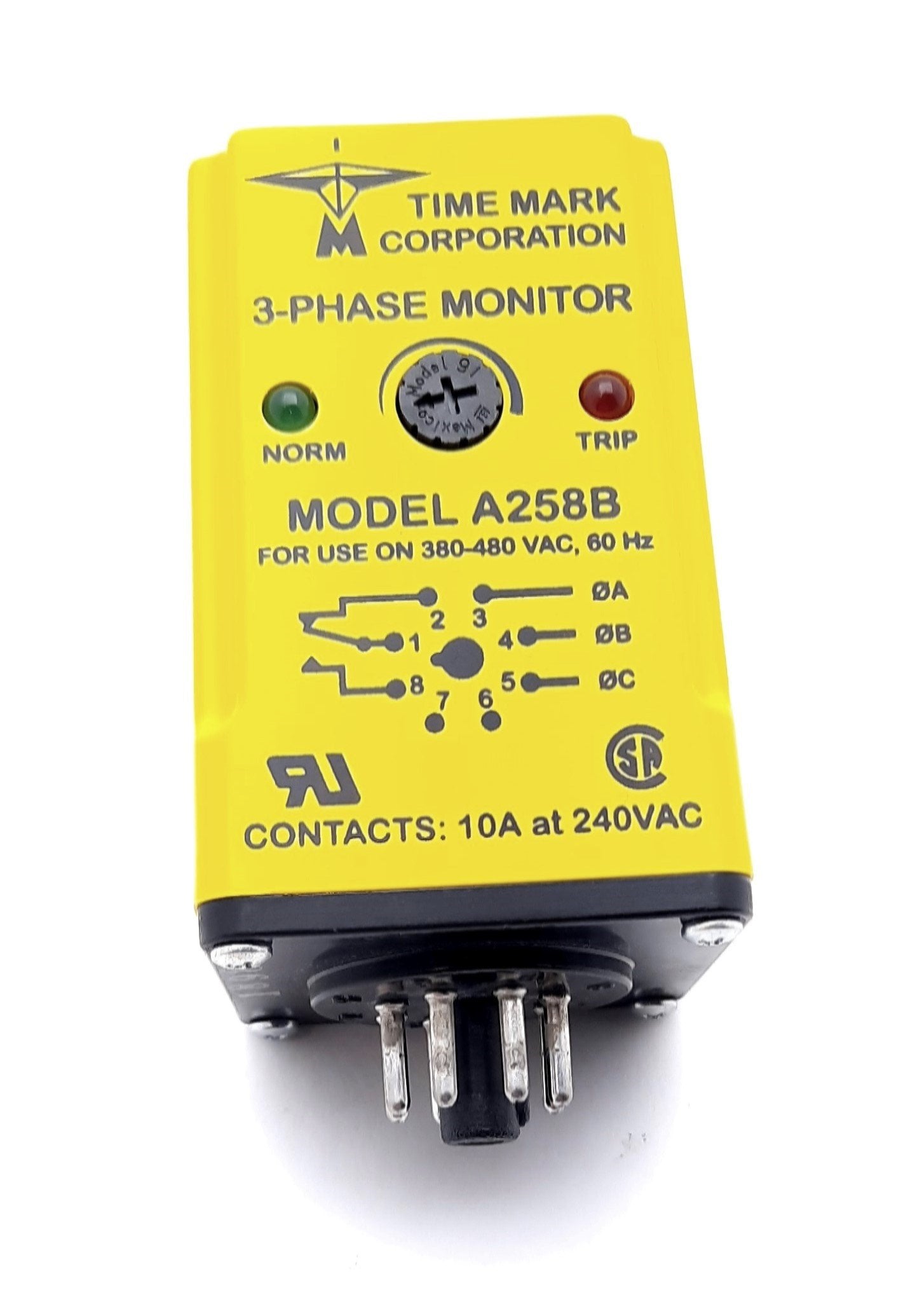 New Time Mark Corp A258B Phase Monitoring Relay 380-480VAC, 10A, SPDT, 240VAC 8 Pin