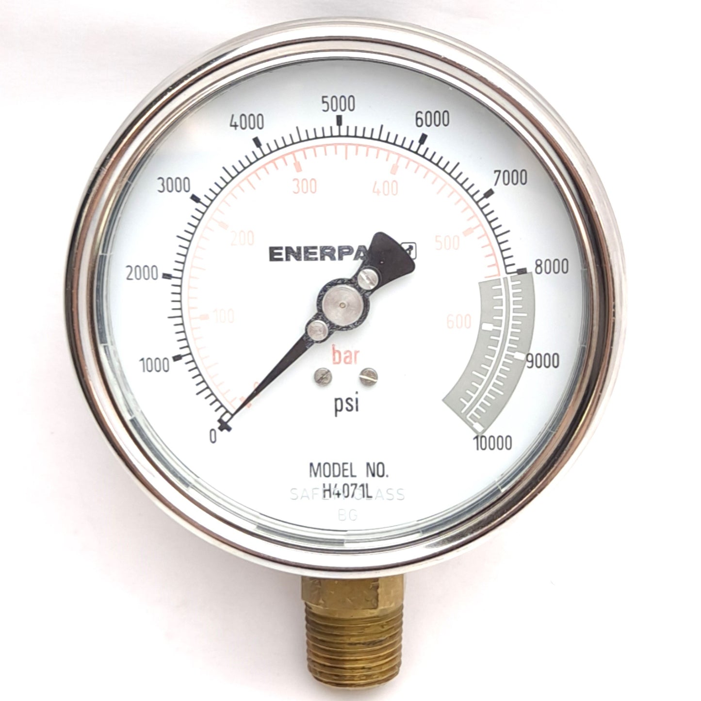 Used Enerpac H4071L Hydraulic Pressure Gauge, ø4in Face, 0-10,000psi, 1/2in NPTF