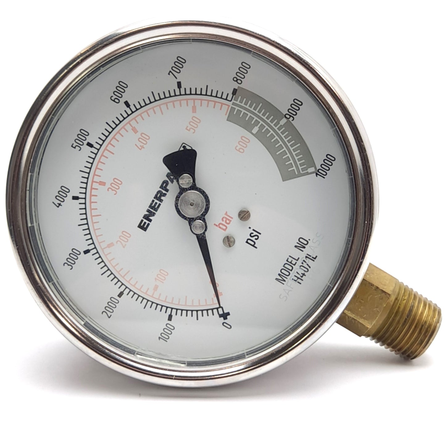 Used Enerpac H4071L Hydraulic Pressure Gauge, ø4in Face, 0-10,000psi, 1/2in NPTF