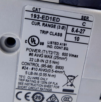 New Allen Bradley 193-ED1ED Overload Relay Fixed Class 10, 3 Phase 5.4-27A