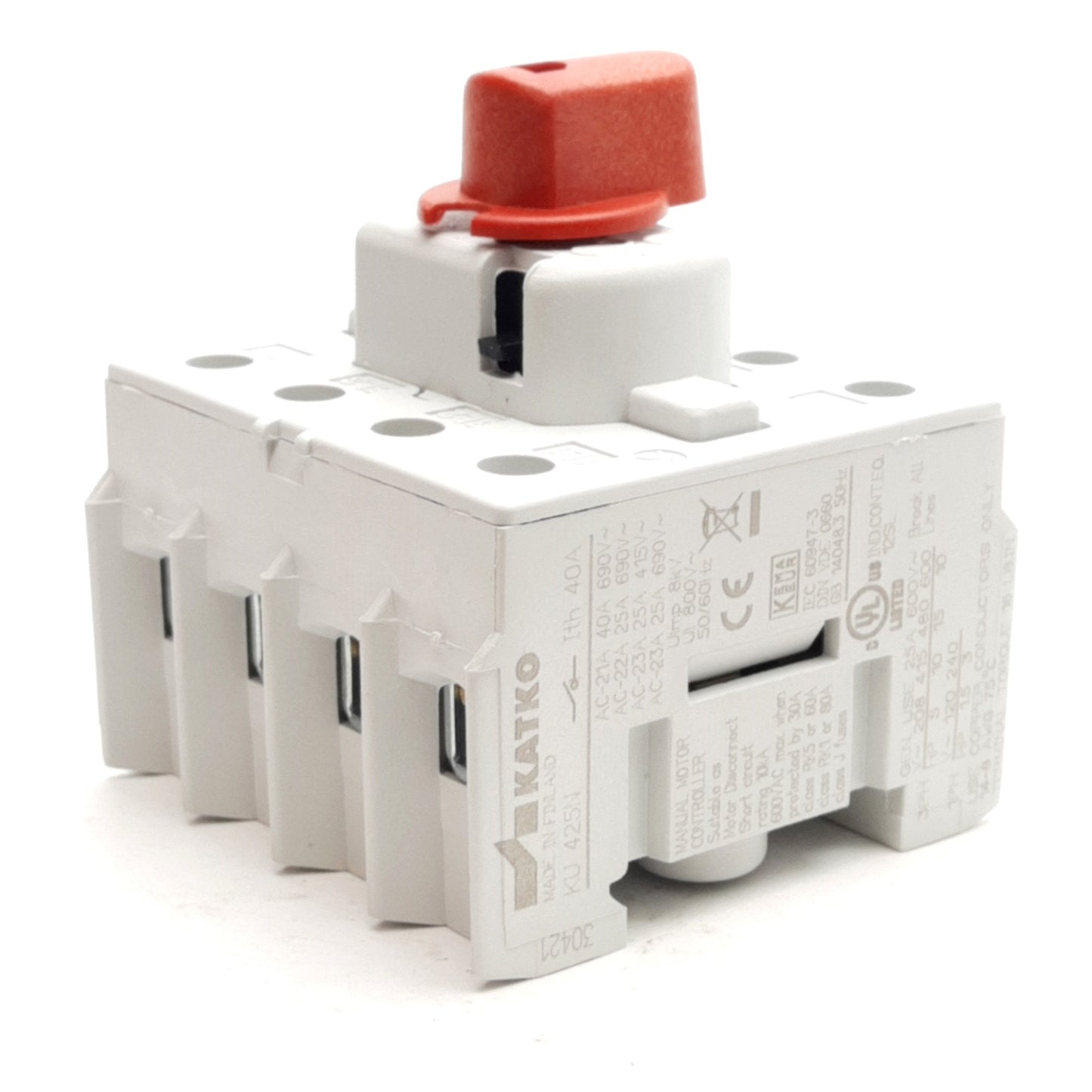 New – Open box Katko KU425N Motor Disconnect Switch, 4-Pole, 25A 600VAC, 16lb-in, DIN Rail