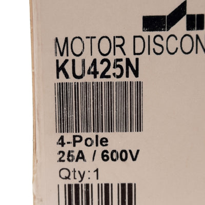 New – Open box Katko KU425N Motor Disconnect Switch, 4-Pole, 25A 600VAC, 16lb-in, DIN Rail