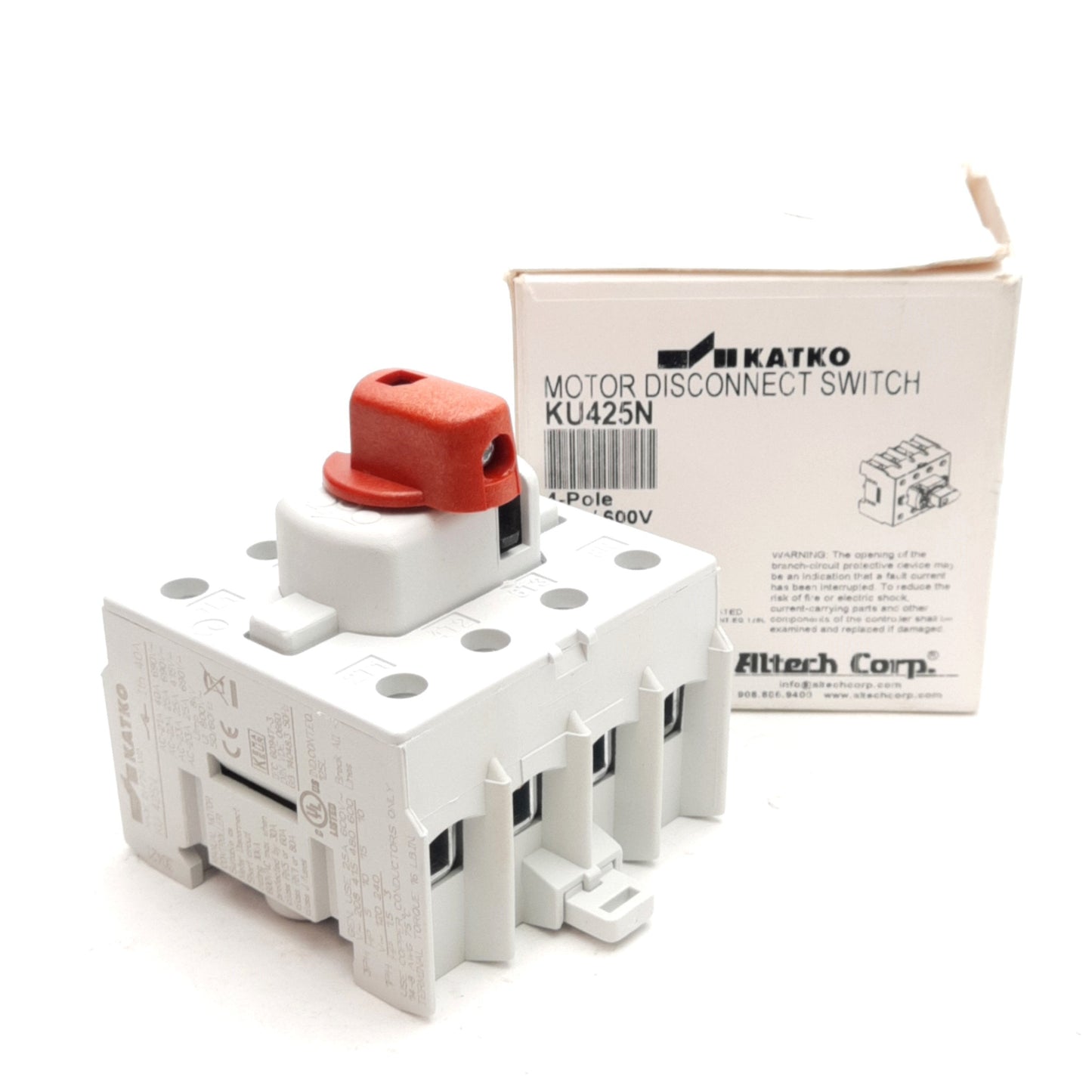 New – Open box Katko KU425N Motor Disconnect Switch, 4-Pole, 25A 600VAC, 16lb-in, DIN Rail