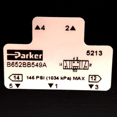 New Parker B652BB549A Double Solenoid 4-Way 3-Position 145PSI, 3/8in PTF, 24VDC Coil