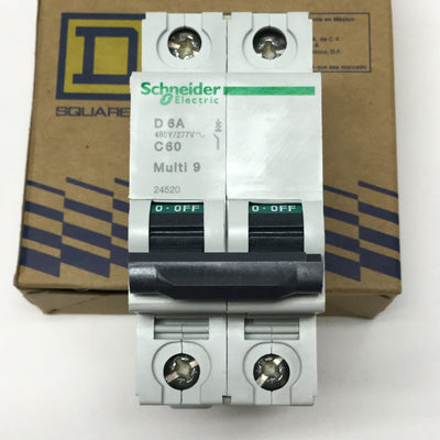 New – Open box Schneider 24520 MULTI 9 C60 Circuit Breaker, 2-Pole, 6A D-Curve, 440VAC