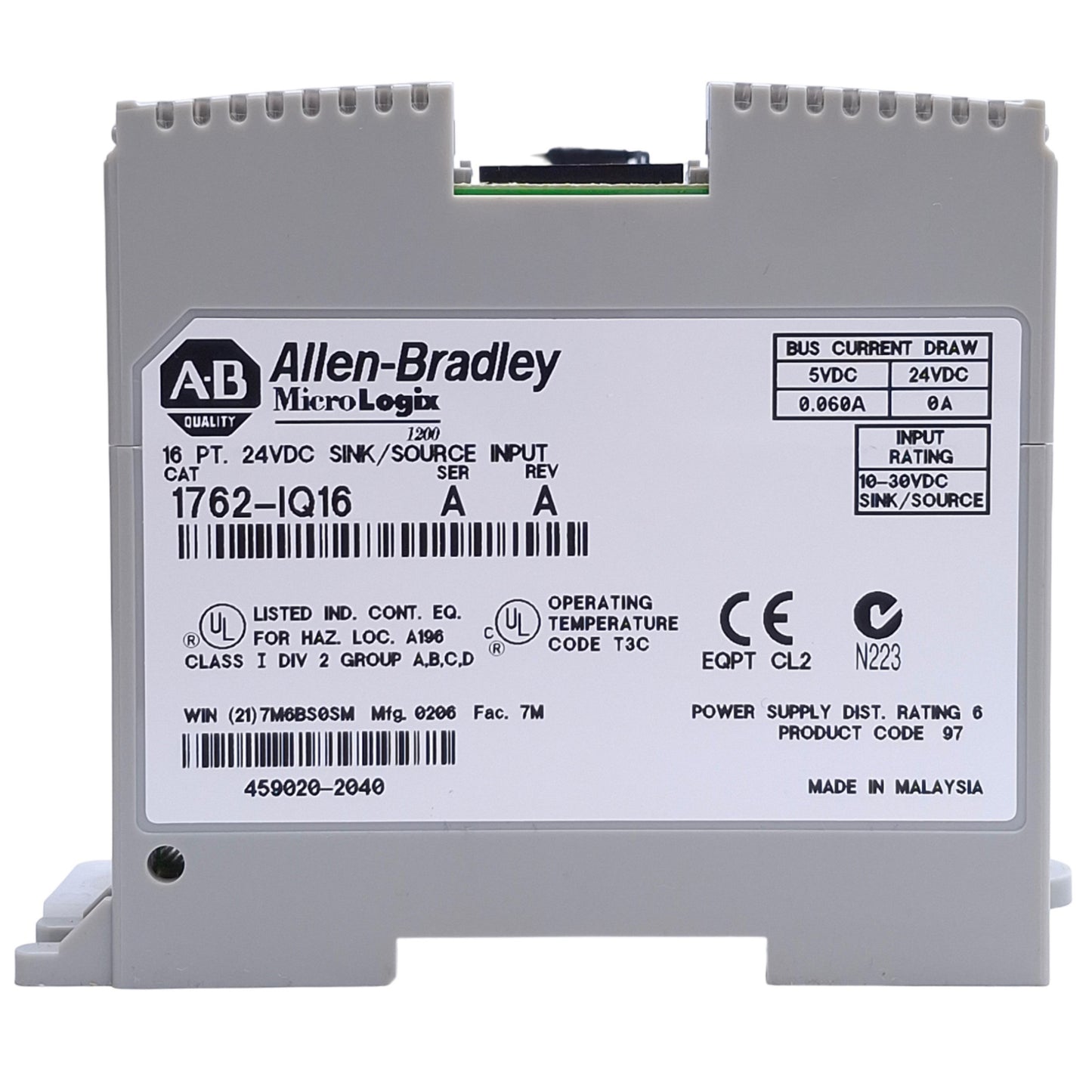Used Allen Bradley 1762-IQ16 Ser A MicroLogix Digital Input Module 16-Point, 24VDC