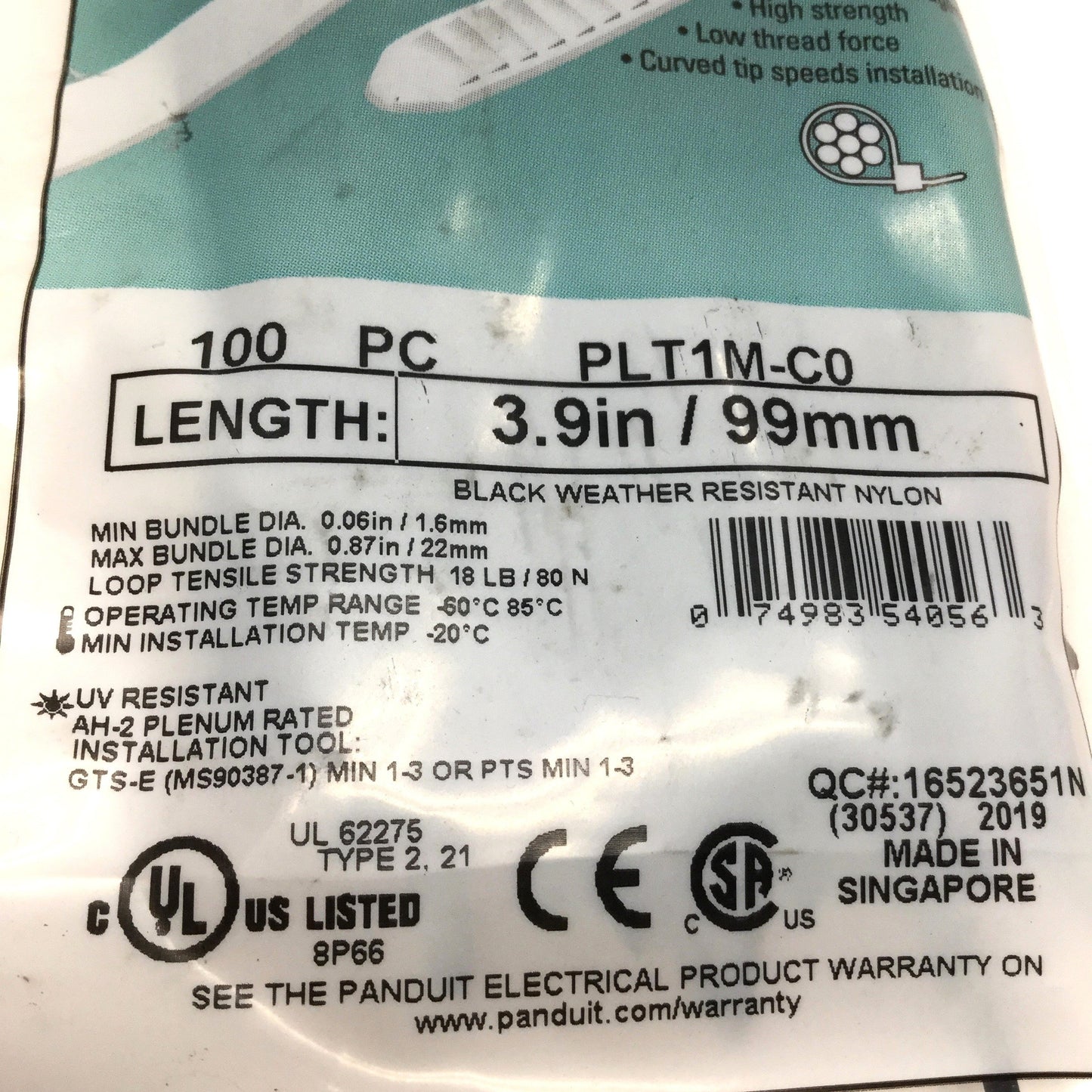 New Lot of 200 Panduit PLT1M-C0 Pan-Ty Cable Ties, Black, UV PA6.6 Nylon 3.9" Long