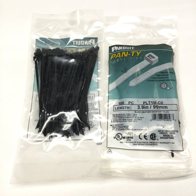 New Lot of 200 Panduit PLT1M-C0 Pan-Ty Cable Ties, Black, UV PA6.6 Nylon 3.9" Long