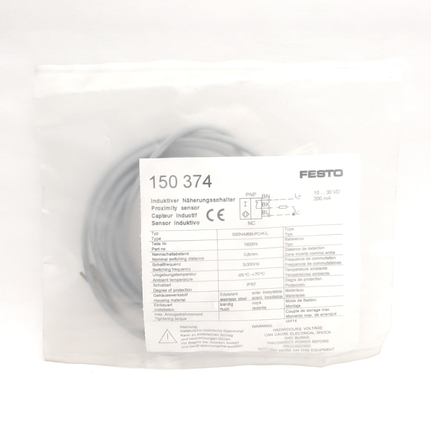 New Festo 150374 SIEN-M5B-PO-K-L Proximity Sensor, Sn: 0.8mm, M5, PNP NC, 24VDC