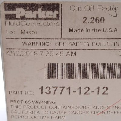 New – Open box Parker 13771-12-12 Crimp Style Hydraulic Hose Fitting, 37° JIC Female, 45° Elbow