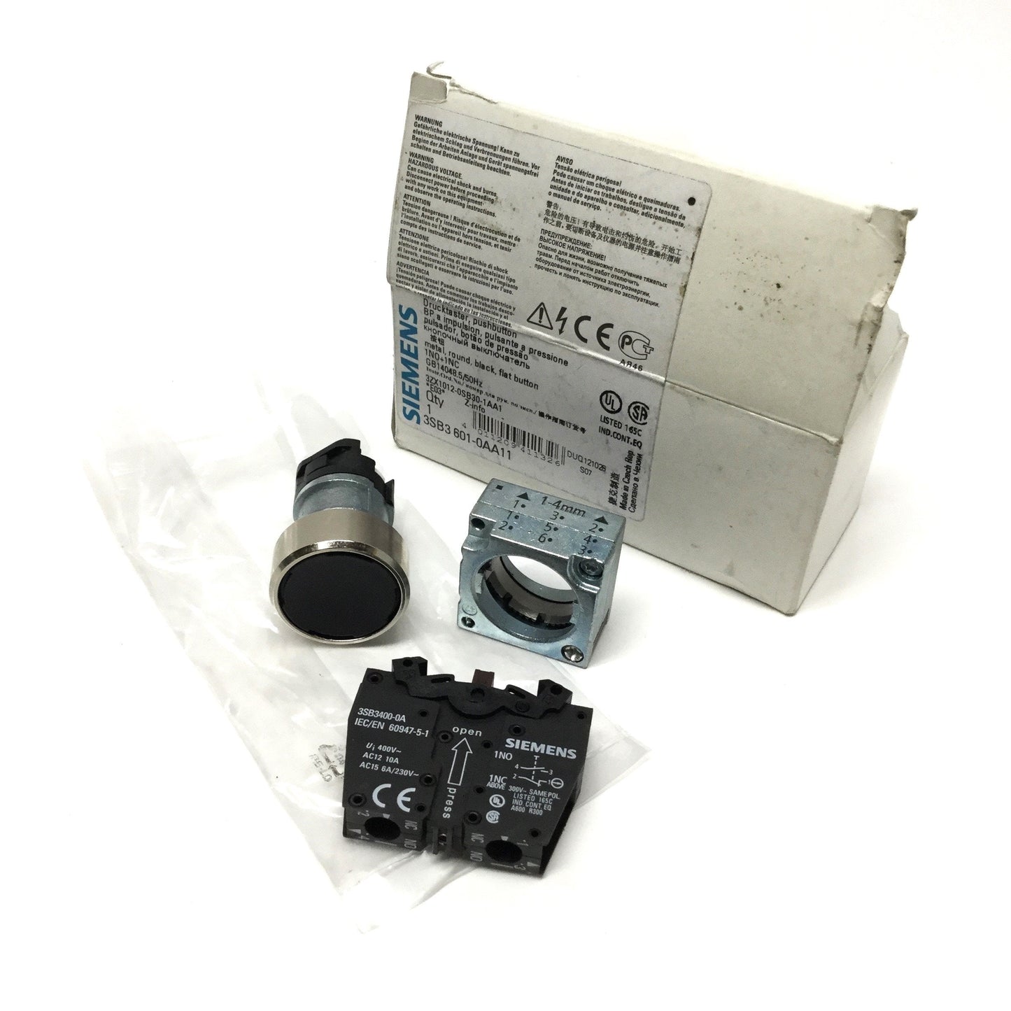 New – Open box Siemens 3SB3 601-0AA11 Pushbutton Switch Black, Momentary, 1NO-1NC Contact Block