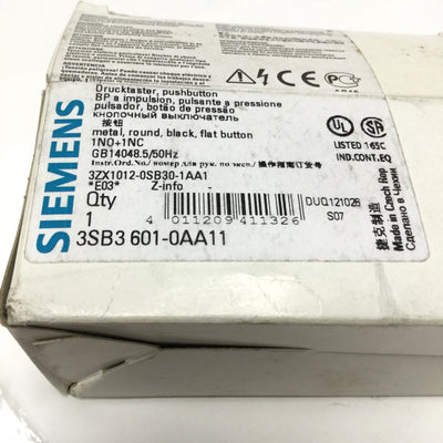 New – Open box Siemens 3SB3 601-0AA11 Pushbutton Switch Black, Momentary, 1NO-1NC Contact Block