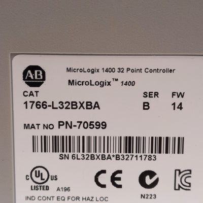 Used Allen Bradley 1766-L32BXBA Ser B MicroLogix 1400 PLC, 32x I/O, 12-24VDC, RS-232