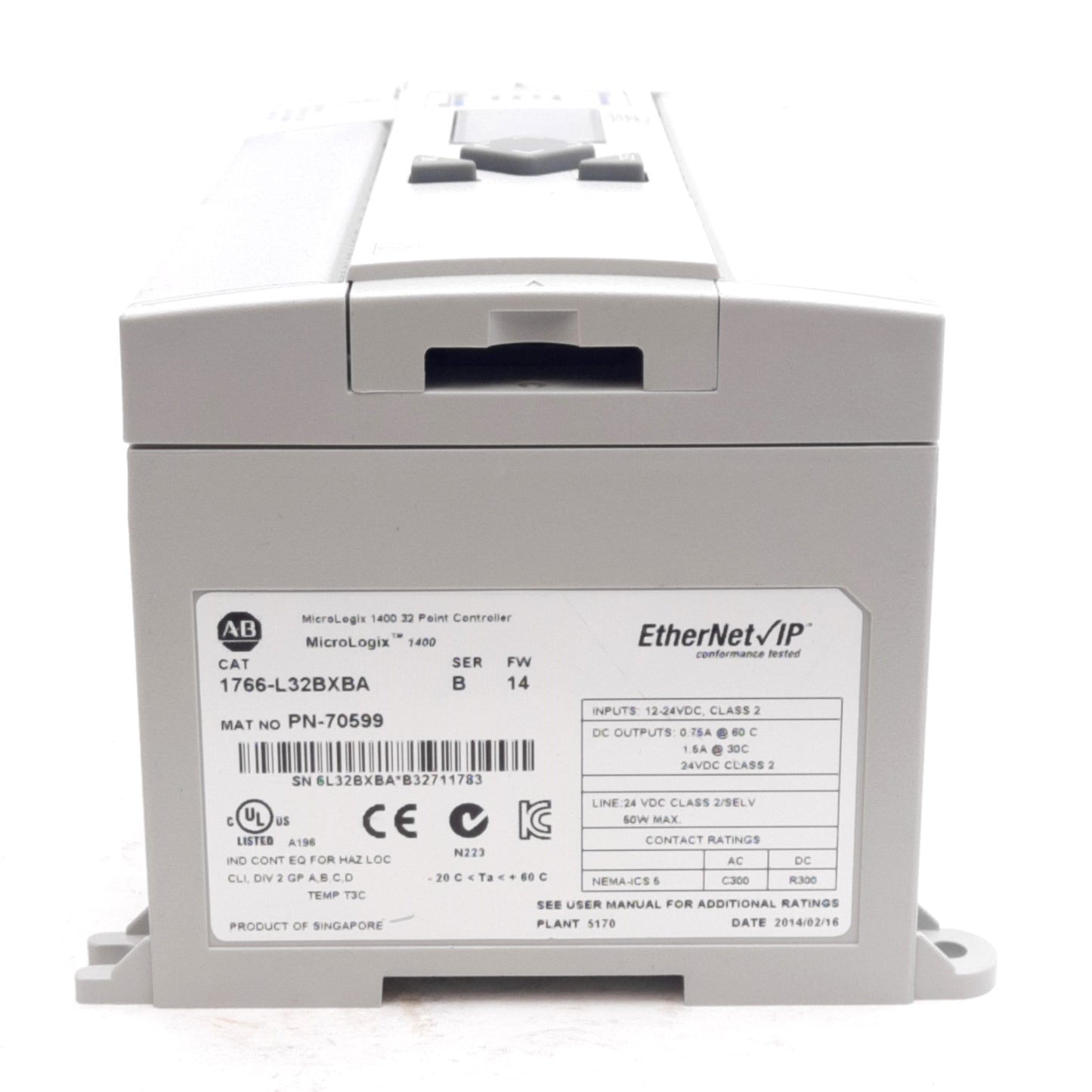 Used Allen Bradley 1766-L32BXBA Ser B MicroLogix 1400 PLC, 32x I/O, 12-24VDC, RS-232