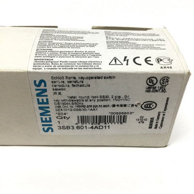 New – Open box Siemens 3SB3 601-4AD11 Keyed Selector Switch, 2-Position, 1NO-1NC Contact Block