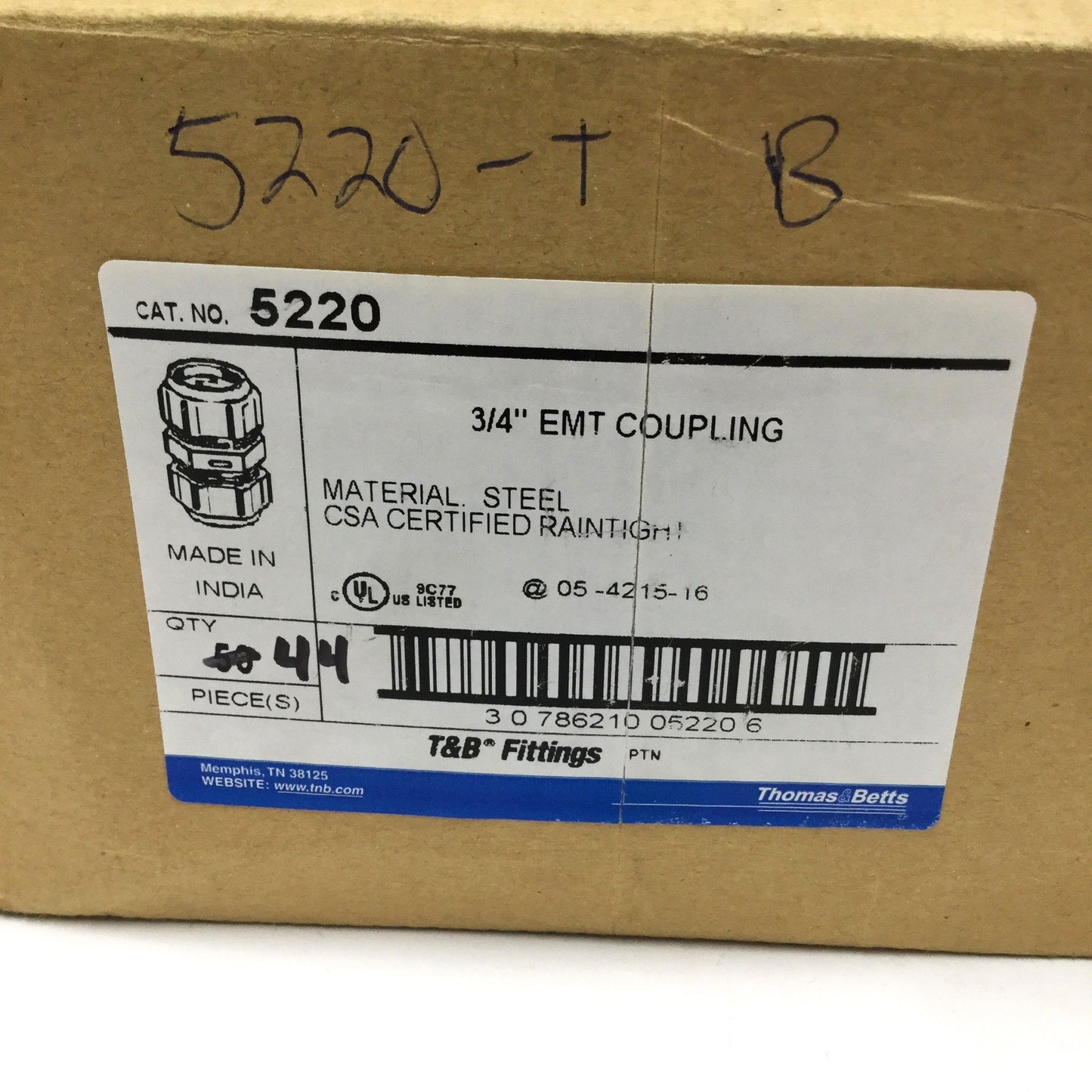 New – Open box Lot of 44 Thomas & Betts 5220 EMT Conduit Coupling Compression Fittings, 3/4"