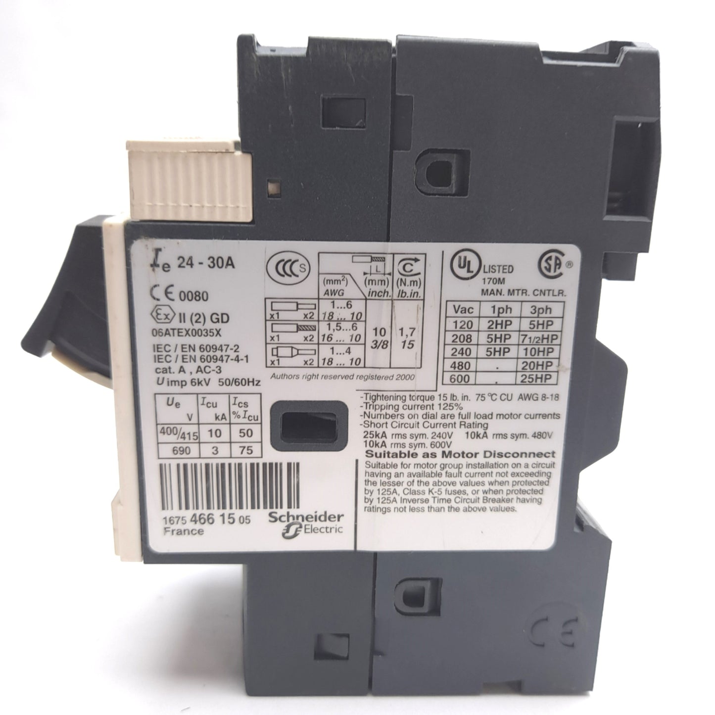 Used Telemecanique GV2ME32/24-32A Manual Motor Starter Circuit Breaker, 3-Pole