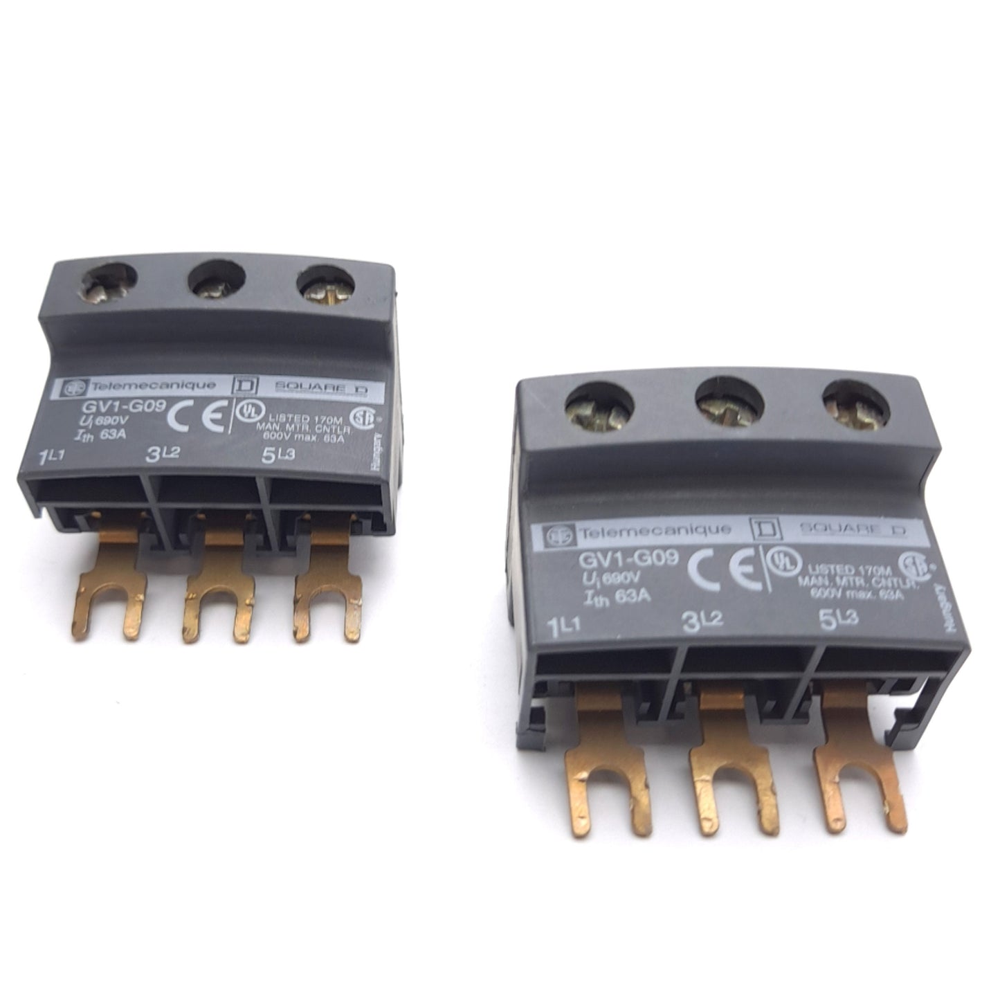 Used Lot of 2 Telemecanique Square D GV1G09 Terminal Block, 3-Pole, 690V 63A