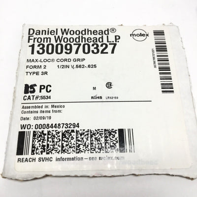 New – Open box Lot of 15 Woodhead 5534 MAX-LOC Cable Gland Cord Grip 1/2" NPT Ø0.562" to 0.625"