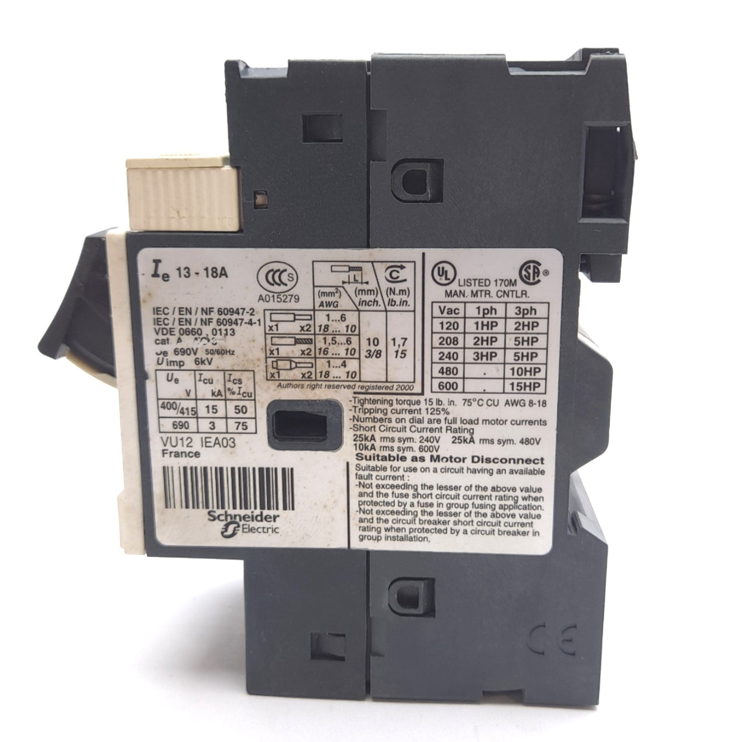 Used Telemecanique GV2ME20 Manual Motor Starter Circuit Breaker 3-Pole 690VAC 13-18A