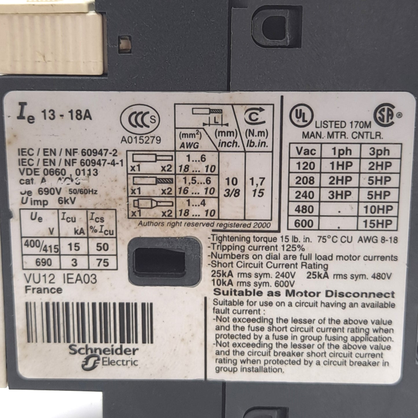 Used Telemecanique GV2ME20 Manual Motor Starter Circuit Breaker 3-Pole 690VAC 13-18A