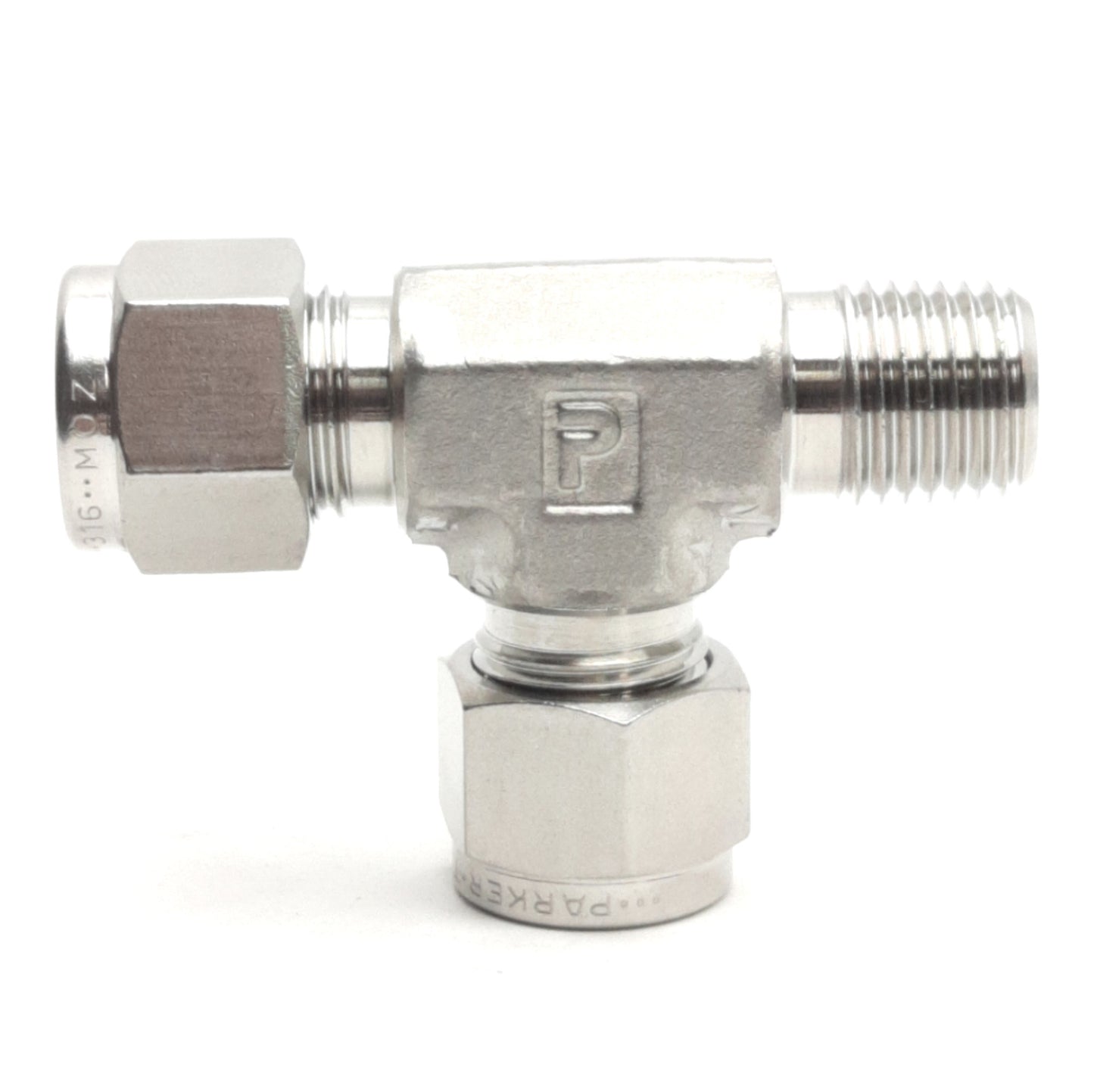 Used Parker M10MRT1/4N-316 Male Run Tee A-LOK Fitting, 1/4in NPT To 10mm OD Tube