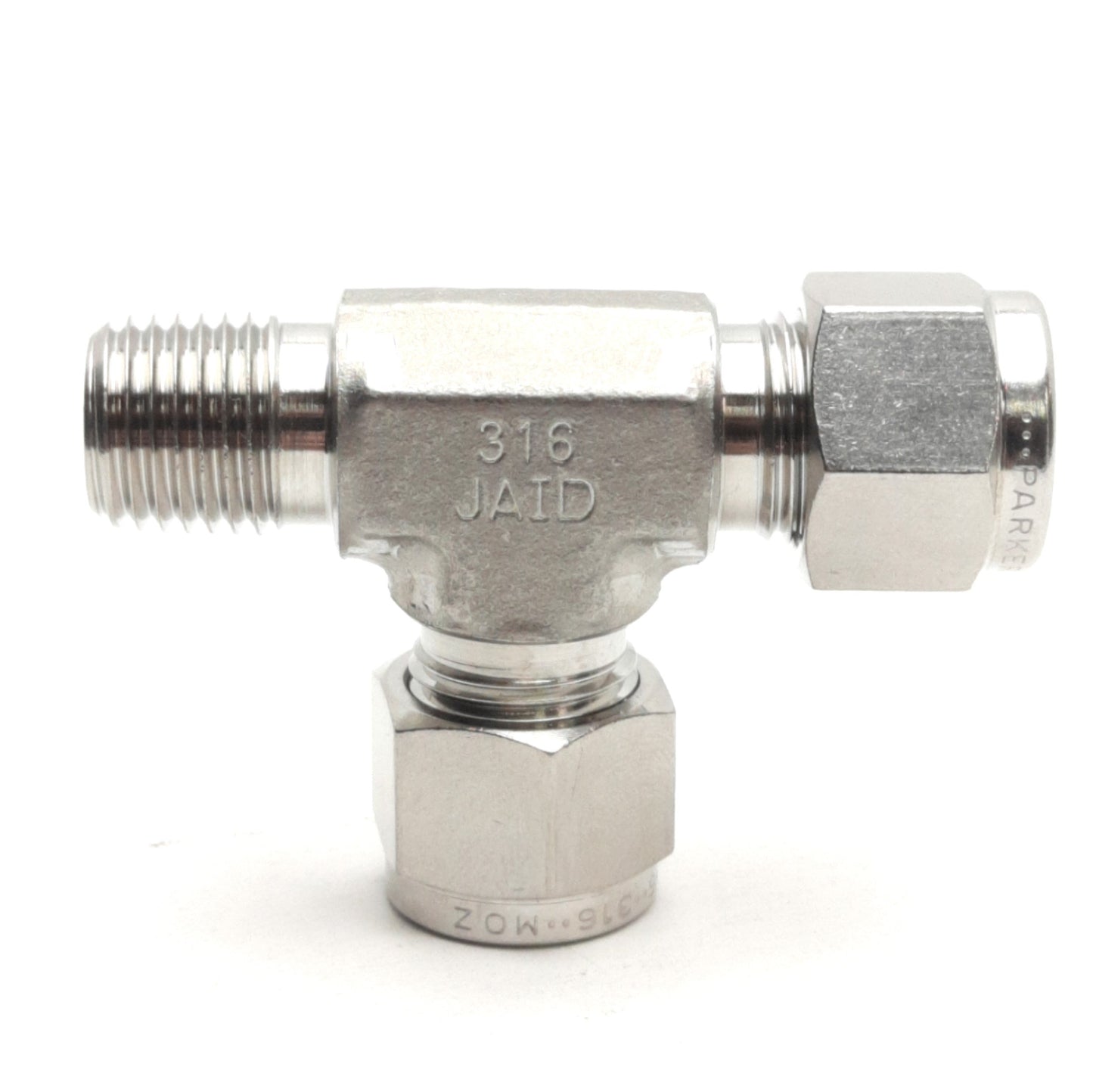 Used Parker M10MRT1/4N-316 Male Run Tee A-LOK Fitting, 1/4in NPT To 10mm OD Tube