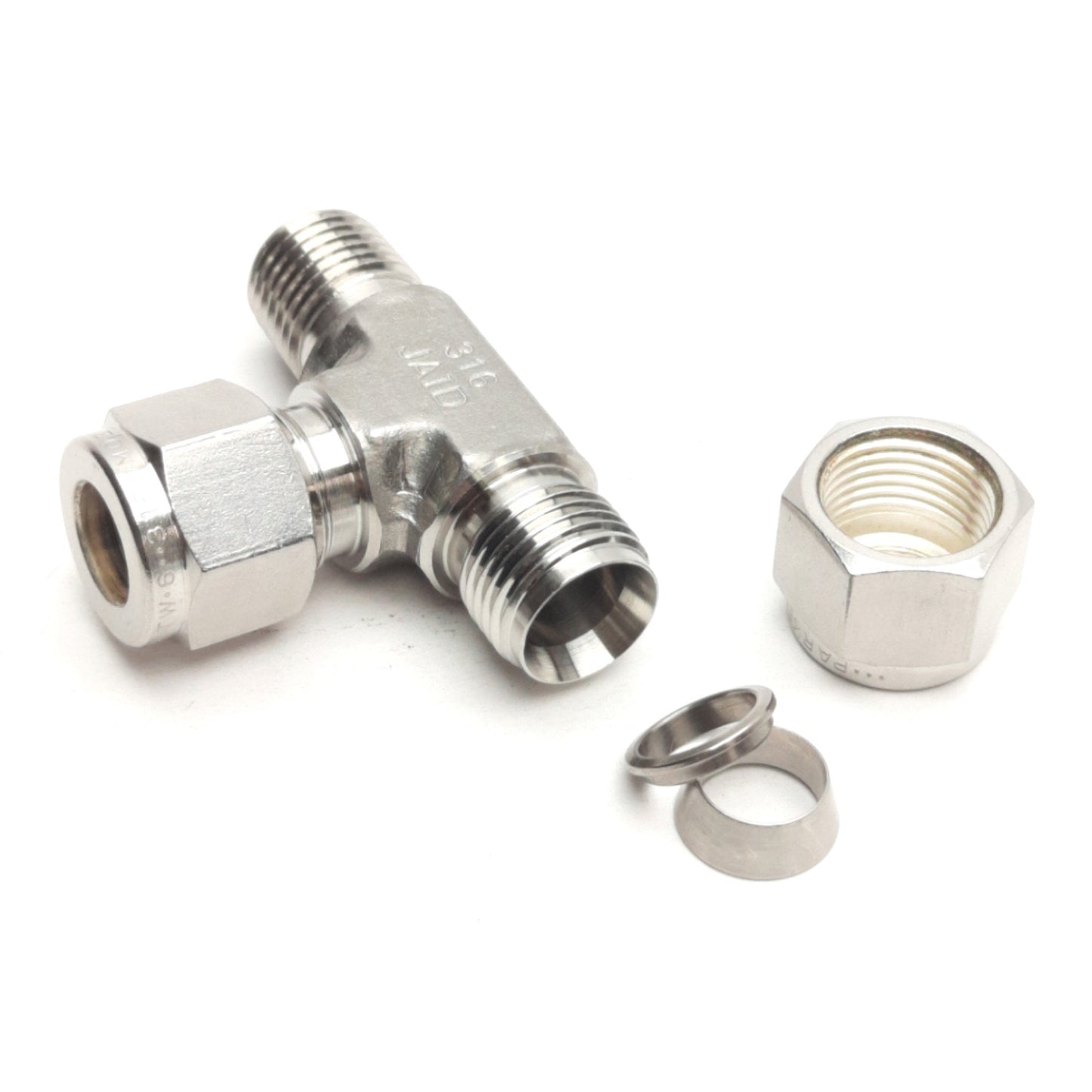Used Parker M10MRT1/4N-316 Male Run Tee A-LOK Fitting, 1/4in NPT To 10mm OD Tube