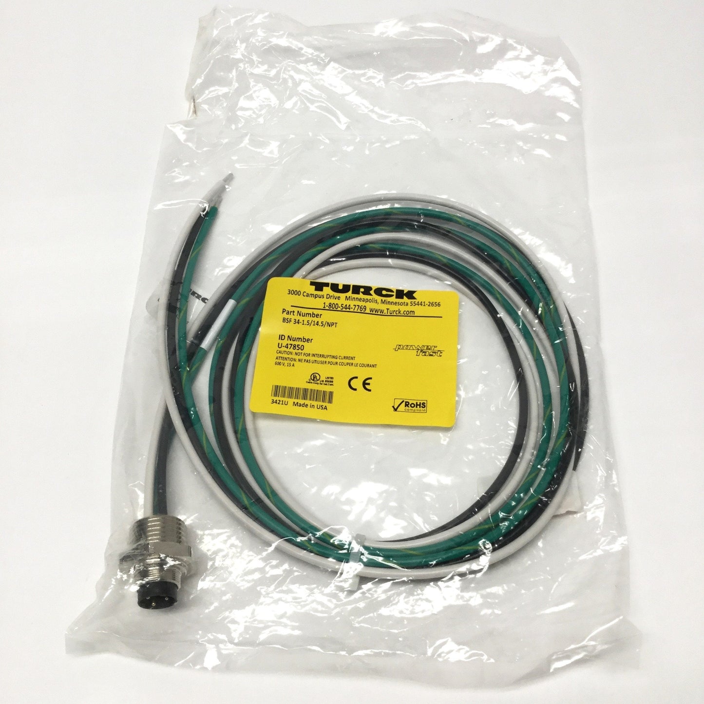 New – Open box Turck BSF 34-1.5/14.5/NPT Powerfast Receptacle M16 3-Pin to 1/2" NPT, 1.5m Long