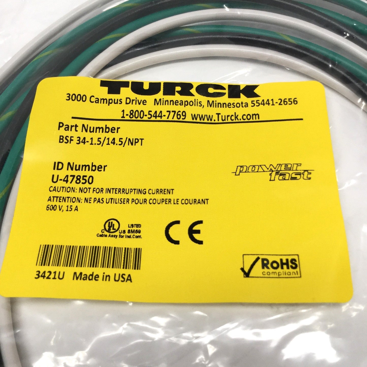 New – Open box Turck BSF 34-1.5/14.5/NPT Powerfast Receptacle M16 3-Pin to 1/2" NPT, 1.5m Long