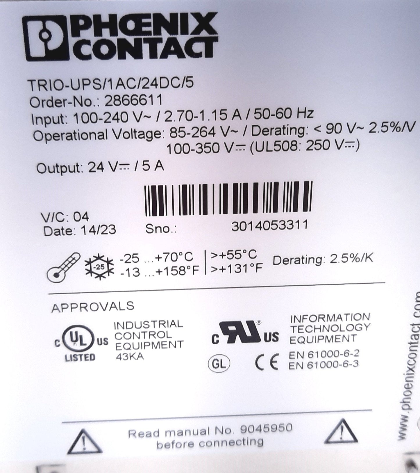 New Phoenix Contact TRIO-UPS/1AC/24DC/5 Uninterruptible Power Supply 24VDC