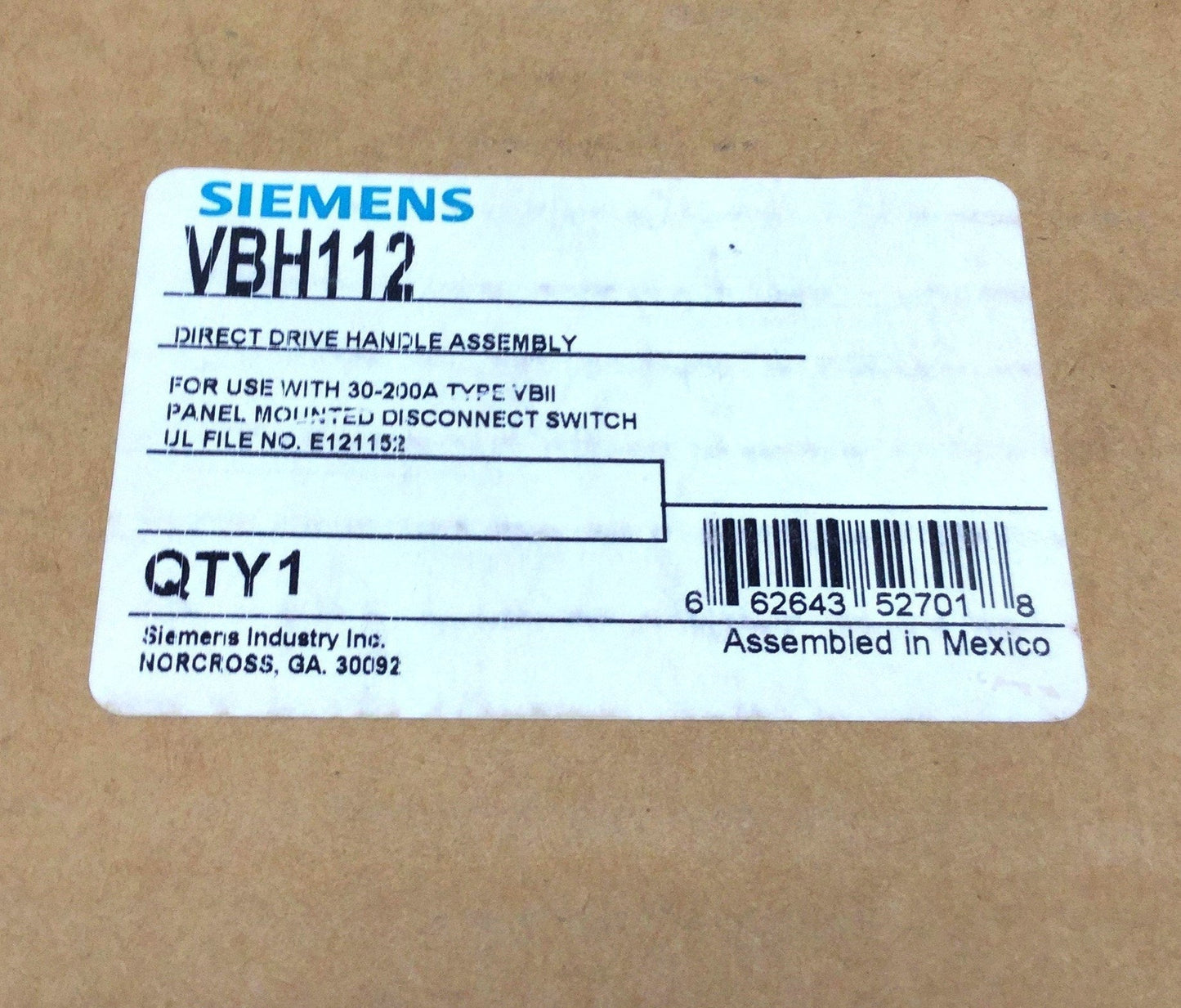 New Siemens VBH112 Panel Mounted Disconnect Switch Operating Handle 30-200A VBII